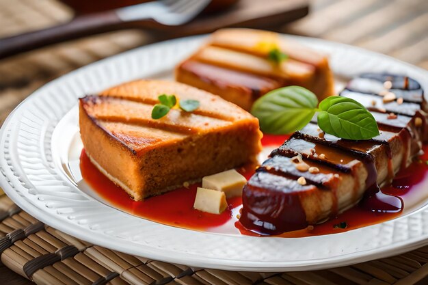 a plate of food with a piece of cake on it