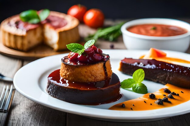 a plate of food with a piece of cake on it