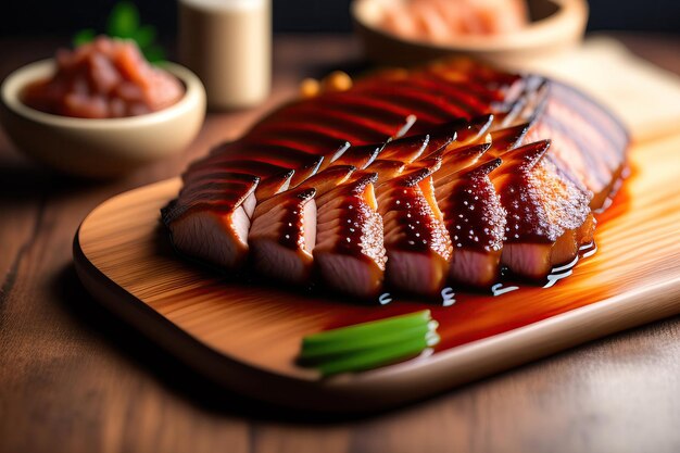 A plate of food with a piece of Chinese Char Siu meat on it