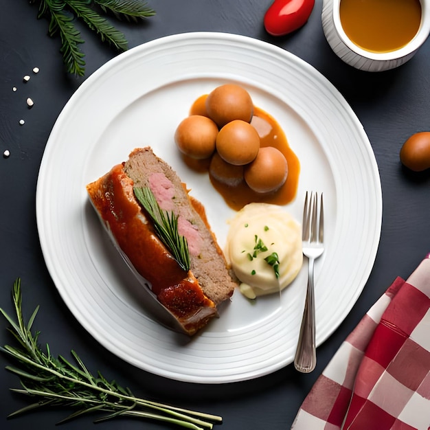 A plate of food with a piece of meat on it and eggs on the side.