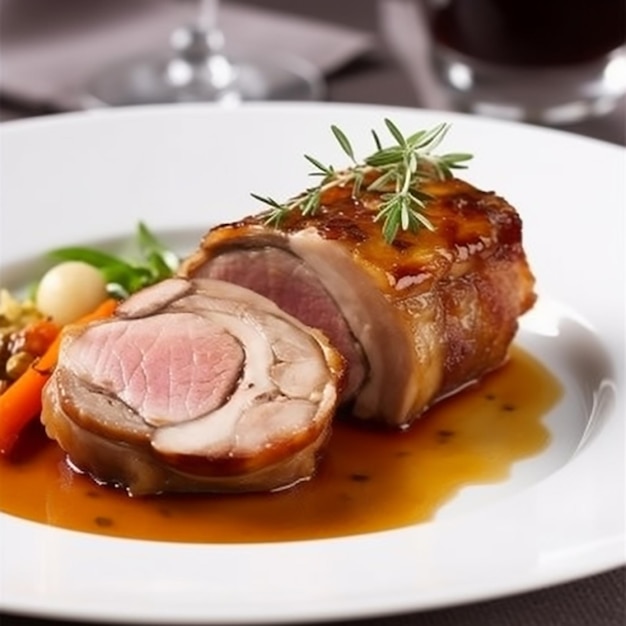 A plate of food with a piece of meat on it and a glass of wine on the side.