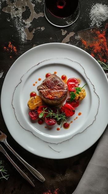 Foto un piatto di cibo con un pezzo di carne sopra