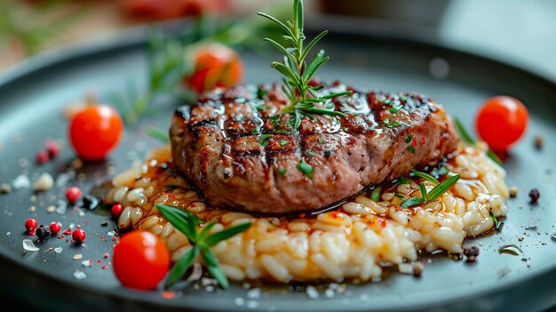 Foto un piatto di cibo con un pezzo di carne sopra