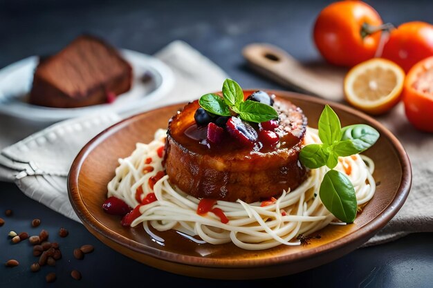 Foto un piatto di cibo con sopra un pezzo di carne