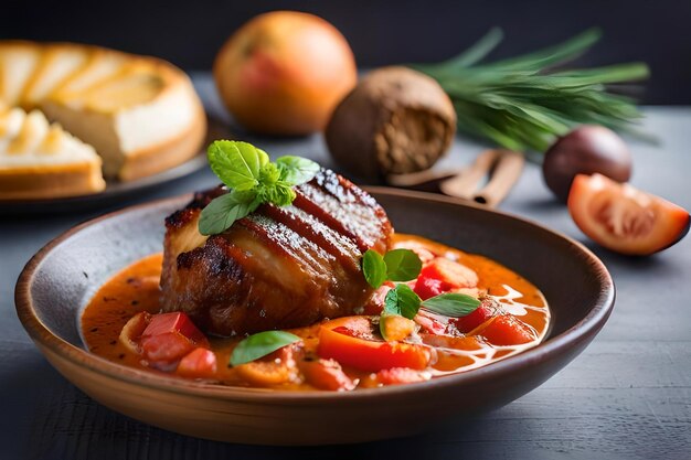 その上に肉片がのった食べ物の皿