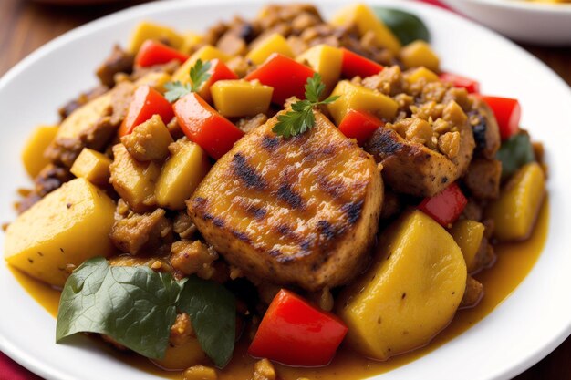 A plate of food with a piece of meat and vegetables.