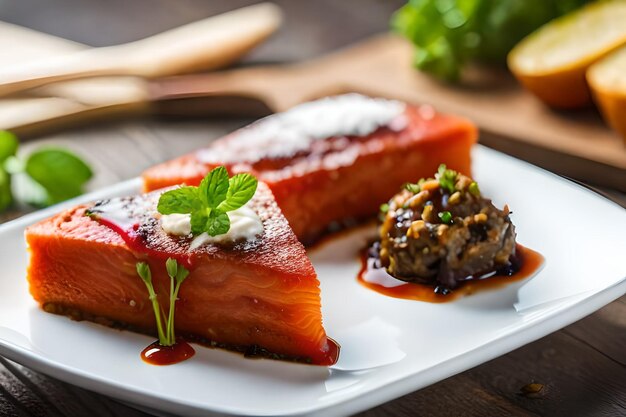 A plate of food with a piece of salmon on it