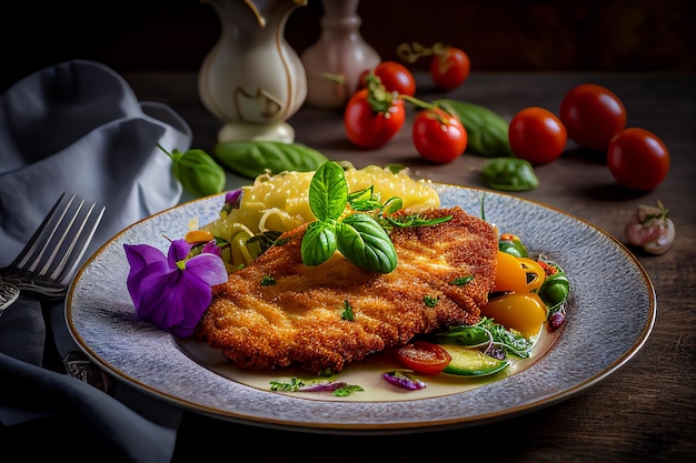 Photo a plate of food with a piece of schnitzel on it