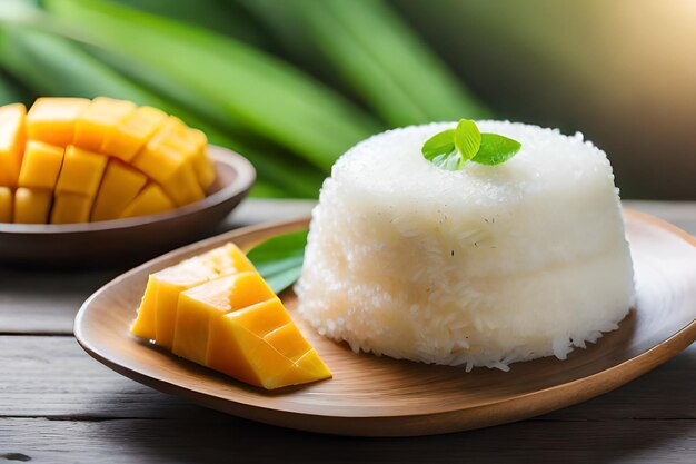 A plate of food with pieces of coconut and mango on it