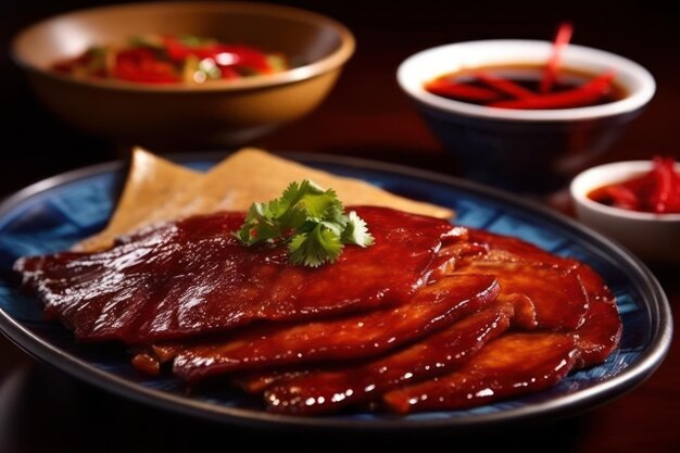 A plate of food with a pile of meat and a bowl of sauce.