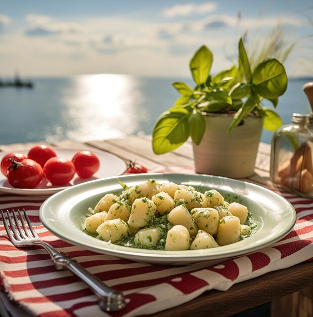 A plate of food with a plant on it next to a plate of pasta.