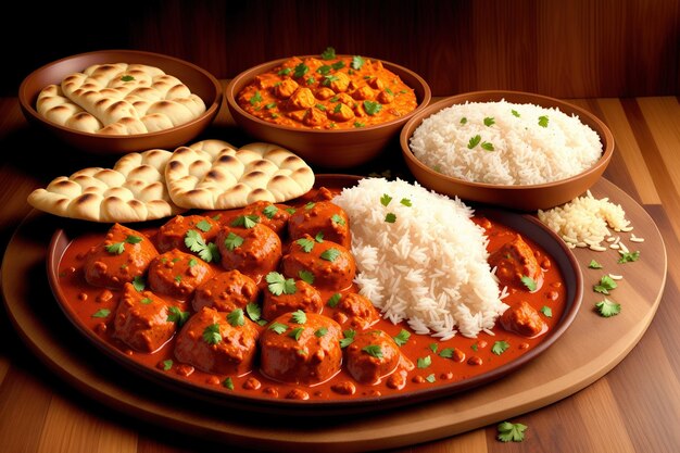 A plate of food with a plate of chicken tikka masala and rice.