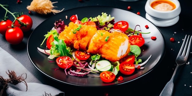 A plate of food with a plate of food on a black background.