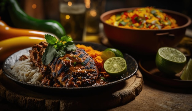 A plate of food with a plate of food and a bowl of rice.