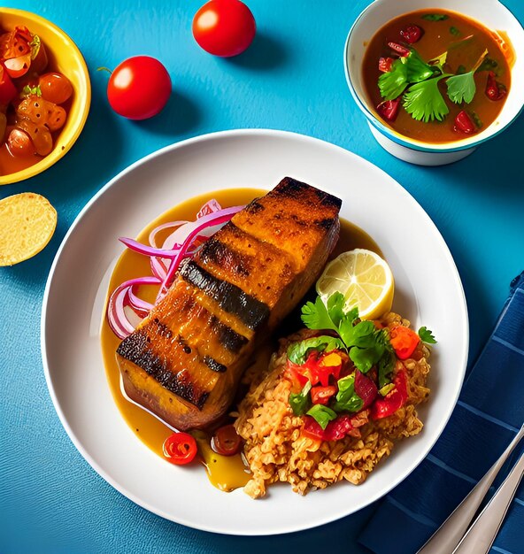 A plate of food with a plate of food including rice, tomatoes, and a bowl of red onion.