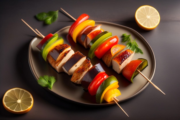 A plate of food with a plate of food on it and a bottle of lemon on the side.