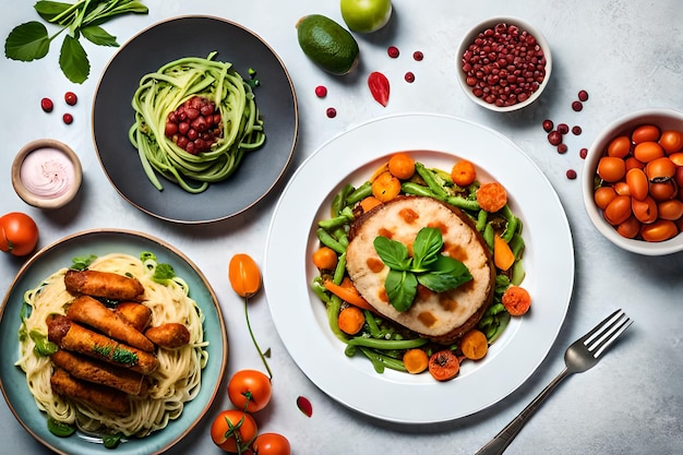 A plate of food with a plate of food on it and a bowl of fruit on the side.