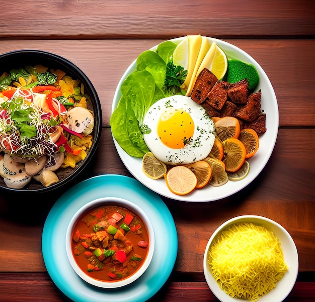 A plate of food with a plate of food on it and a bowl of rice on the right.