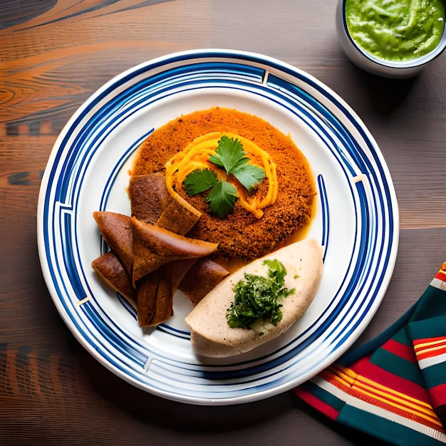 A plate of food with a plate of food on it and a cup of green sauce on the side.