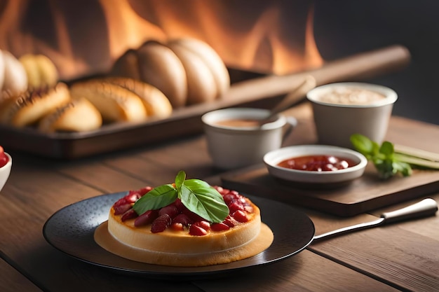 A plate of food with a plate of food on it next to a fireplace.