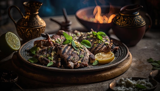 その上に食べ物のプレートが付いた食べ物のプレート