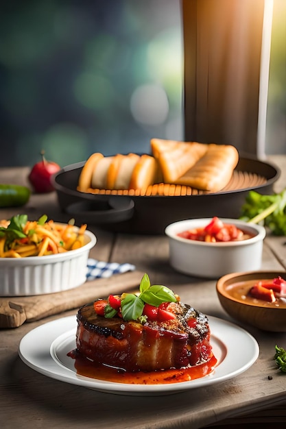 その上に食べ物のプレートが付いた食べ物のプレート