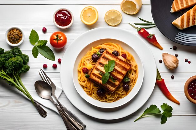 A plate of food with a plate of food and a pan of lemons on the table.