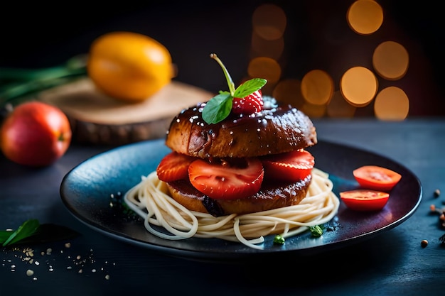 a plate of food with a plate of food that has a fruit on it