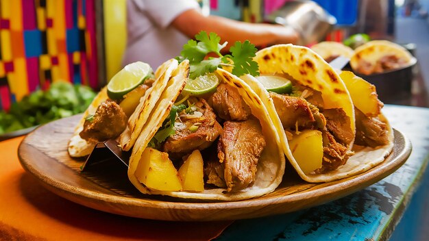 a plate of food with a plate of food that says taco on it