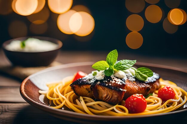 Foto un piatto di cibo con un piatto di cibo che dice 