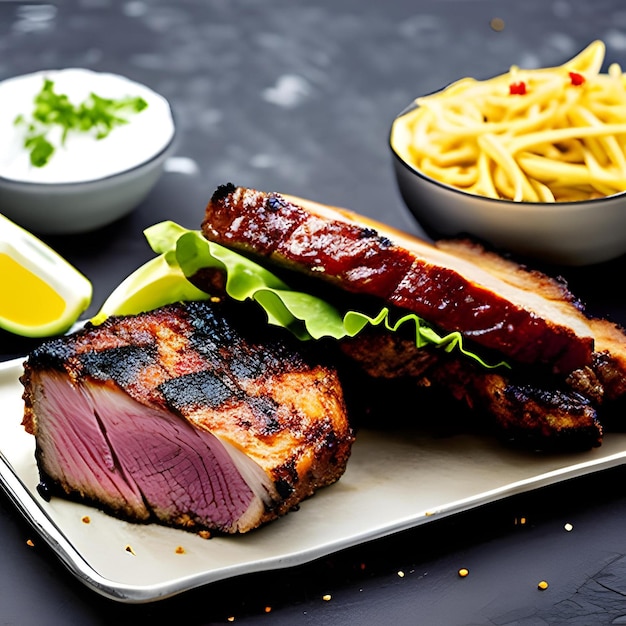 A plate of food with a plate of food with a bowl of fries and a plate of food with a piece of meat on it.