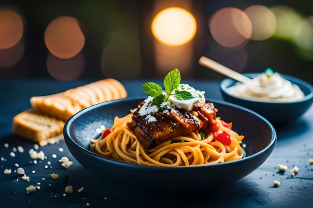 パスタのボウルとチョップスティックのペアを持つ食べ物のプレート