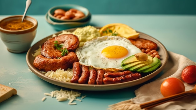 육즙이 풍부한 맛있는 반데자 파이사에 아침 식사가 포함된 음식 한 접시