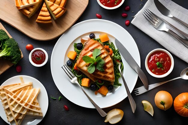 A plate of food with a plate of food with a bunch of food on it.