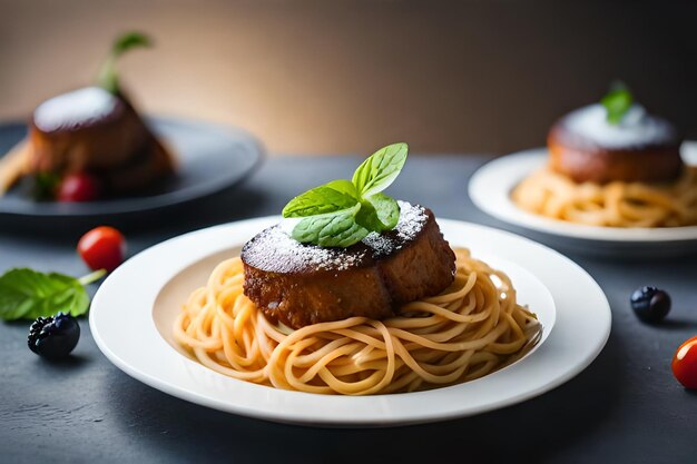 食べ物の皿に 肉の塊が付いている皿