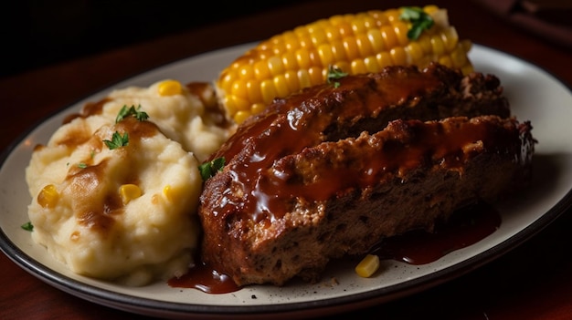 A plate of food with a plate of meat and mashed potatoes.