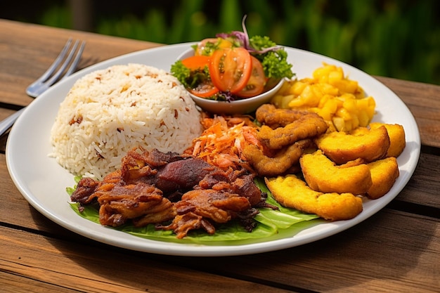 A plate of food with a plate of rice and a plate of food on it