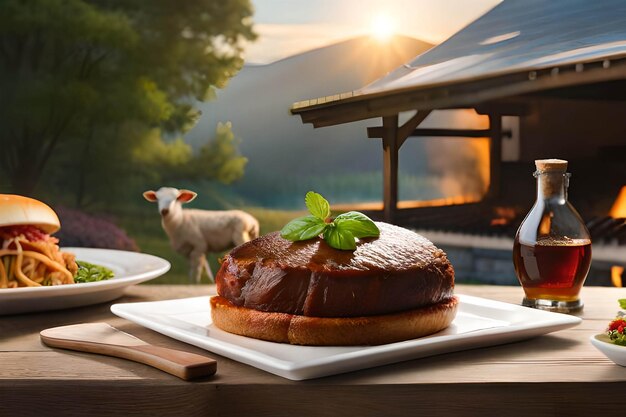 A plate of food with a plate of salmon on it and a sheep in the background