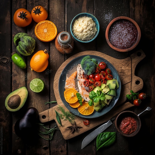 A plate of food with a plate of salmon and vegetables on it.