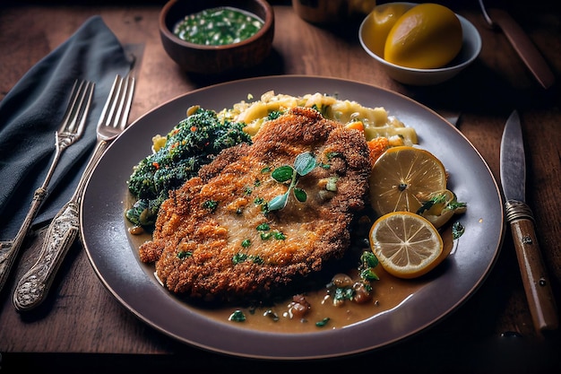 Foto un piatto di cibo con sopra un piatto di cotoletta