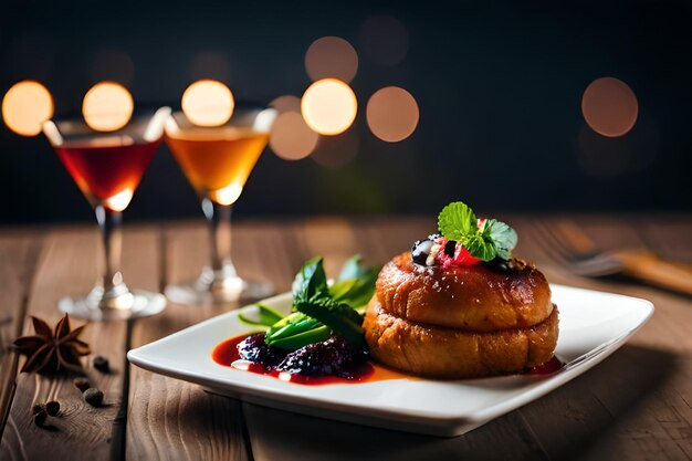 a plate of food with a pomegranate on it