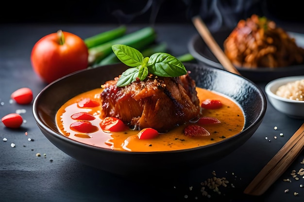 a plate of food with a pot of food on it