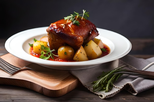 a plate of food with potatoes and meat on a table