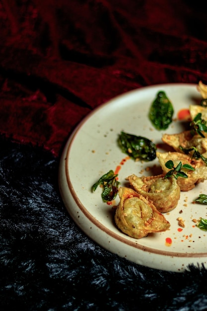 A plate of food with a red background