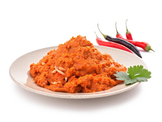 A plate of food with red chili on it