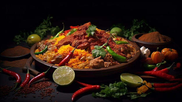 A plate of food with a red chili pepper on the side.