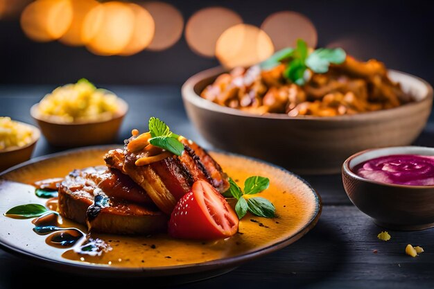 a plate of food with a red sauce and a bowl of food on the table.