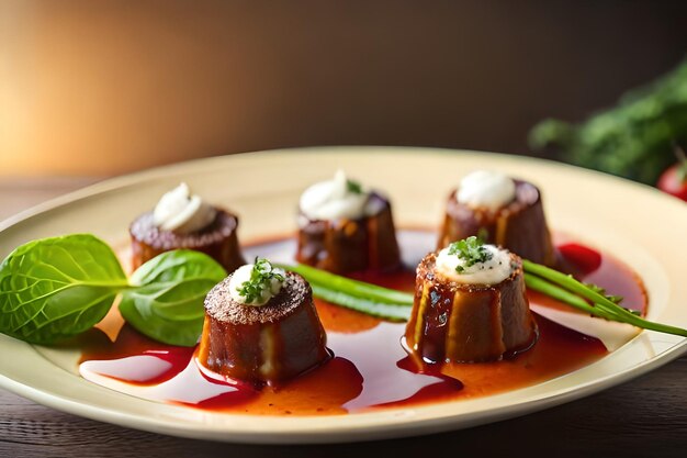 A plate of food with a red sauce and green leaf