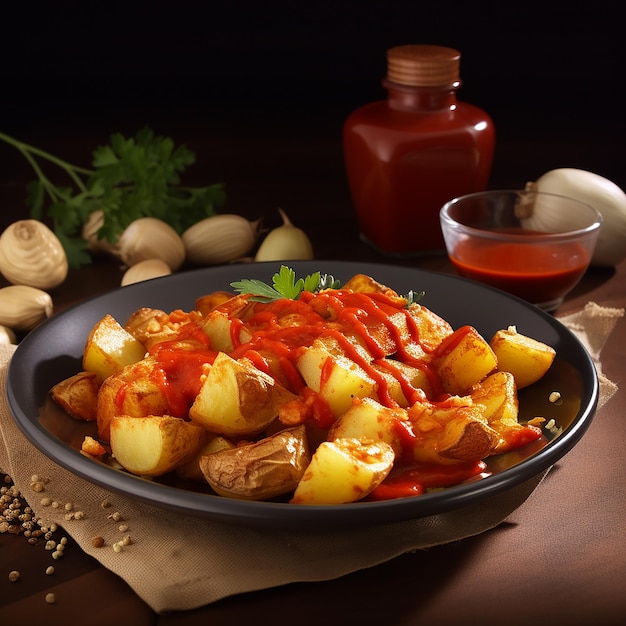 A plate of food with a red sauce on it and a bottle of garlic next to it.