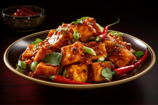 A plate of food with a red sauce and red chili pepper on it.